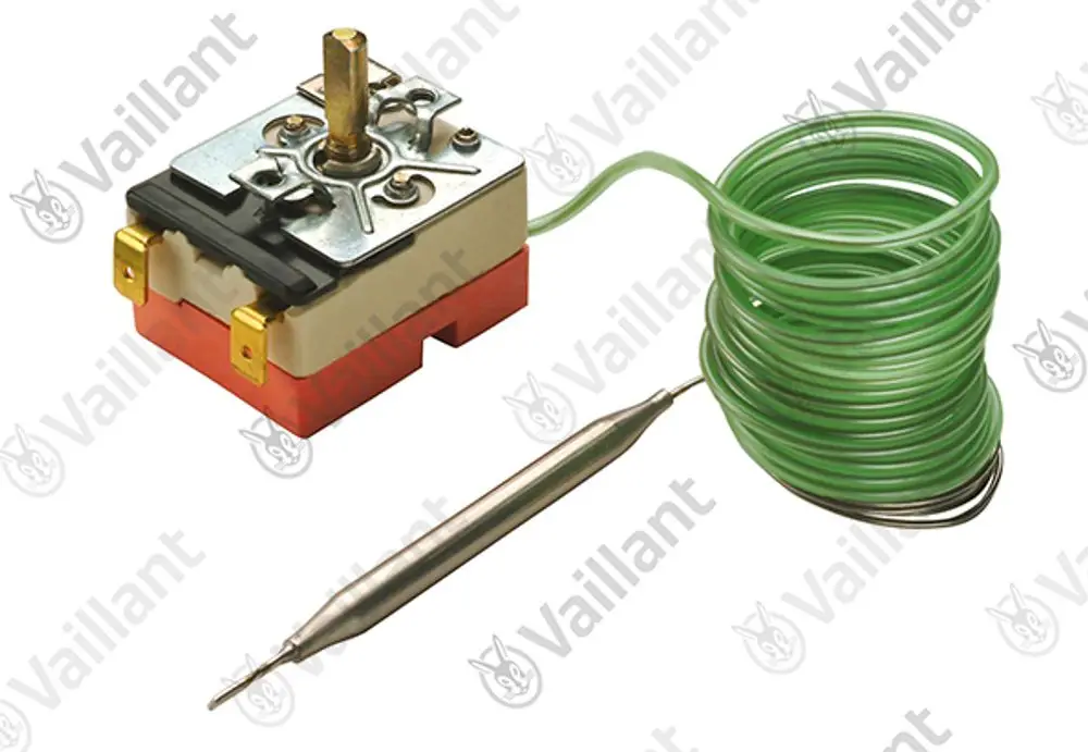 Temperaturregler von Vaillant mit Ventil und grünem Kabel. Sichtbare Steuerung und Anschlussstellen zur Regulierung der Temperatur in Heizsystemen.